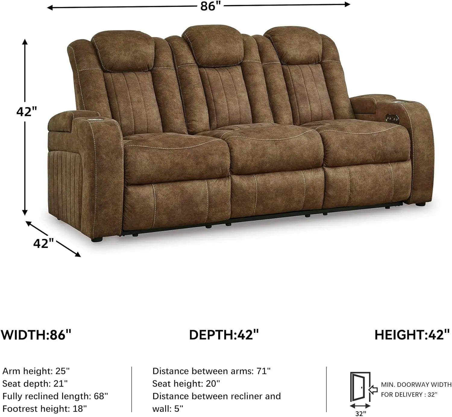 Contemporary Faux Leather Power Reclining Sofa with Drop Down Table, LED Lights, Electrical Outlet, Wireless Charging