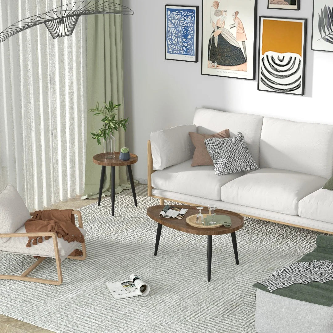 Irregular Living Room Coffee Table Set Small Drop-Shaped Solid Wooden Sofa Side/ End Table 2-in1 with Triangle Legs