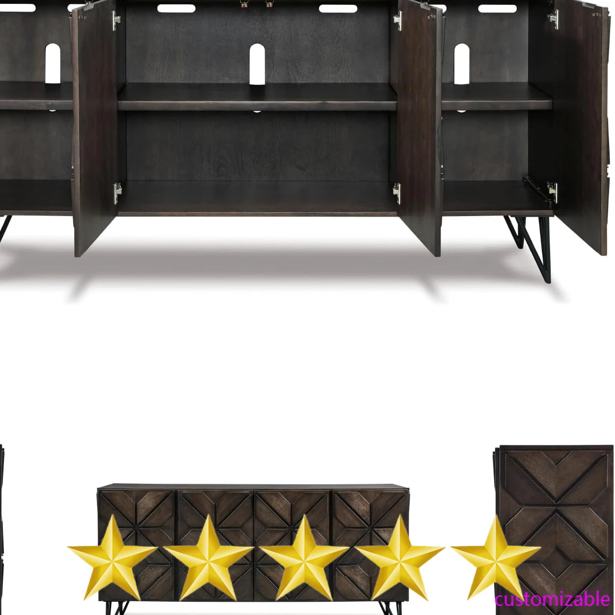 Urban Geometric Design TV Stand Fits TVs up to 70", 4 Cabinet Doors and 3 Adjustable Storage Shelves