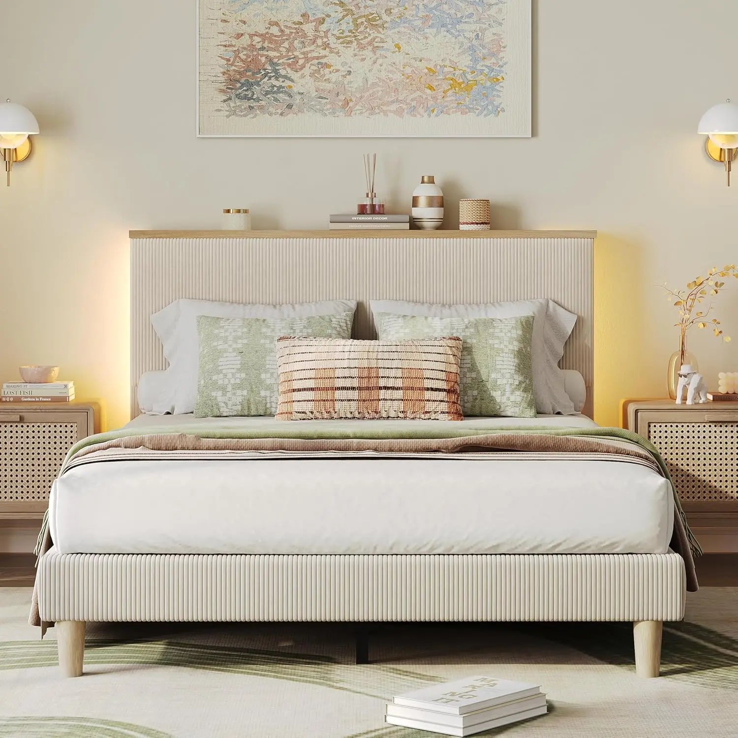 Full Bed Frame with Adjustable Headboard & LED Lighting, Corduroy Upholstered Platform Bed Frame with Storage Shelf,