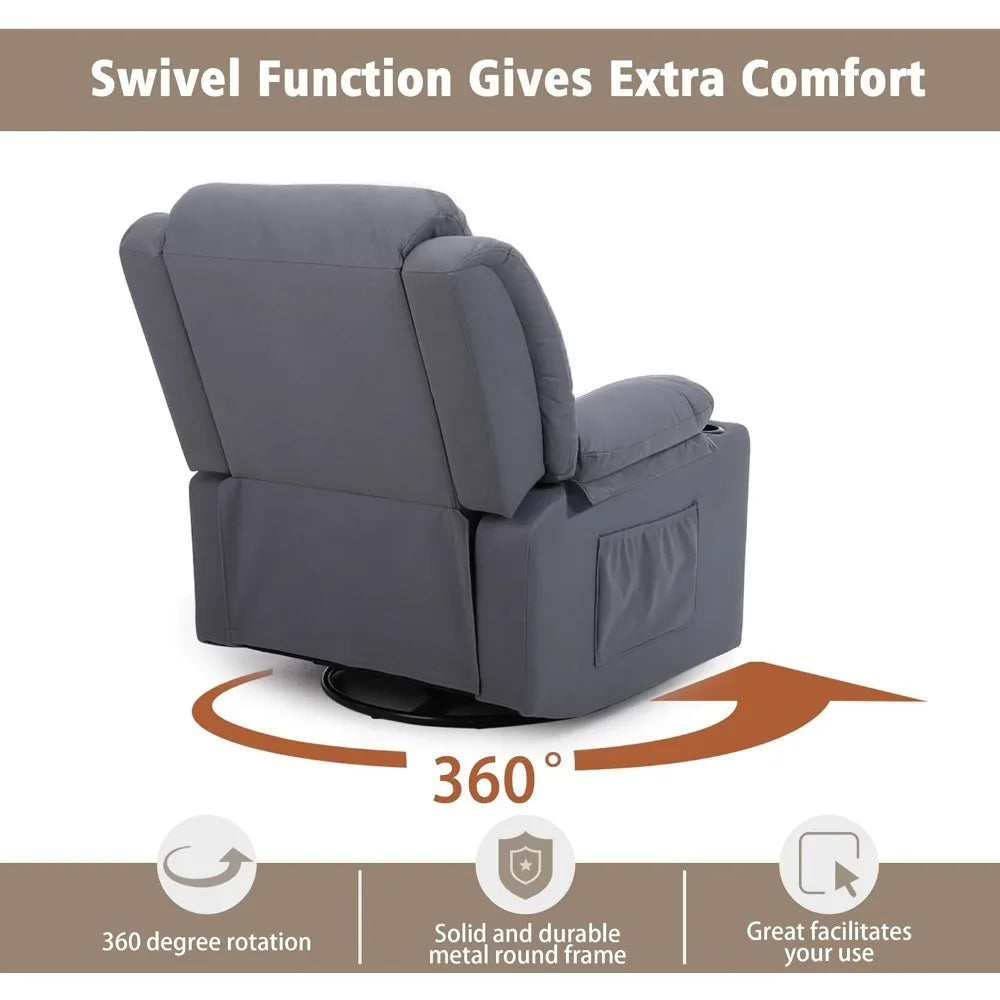 Adults Plush Swivel Recliner Chair: Oversized Manual Glider with Massage, Heat, and Cozy Fabric
