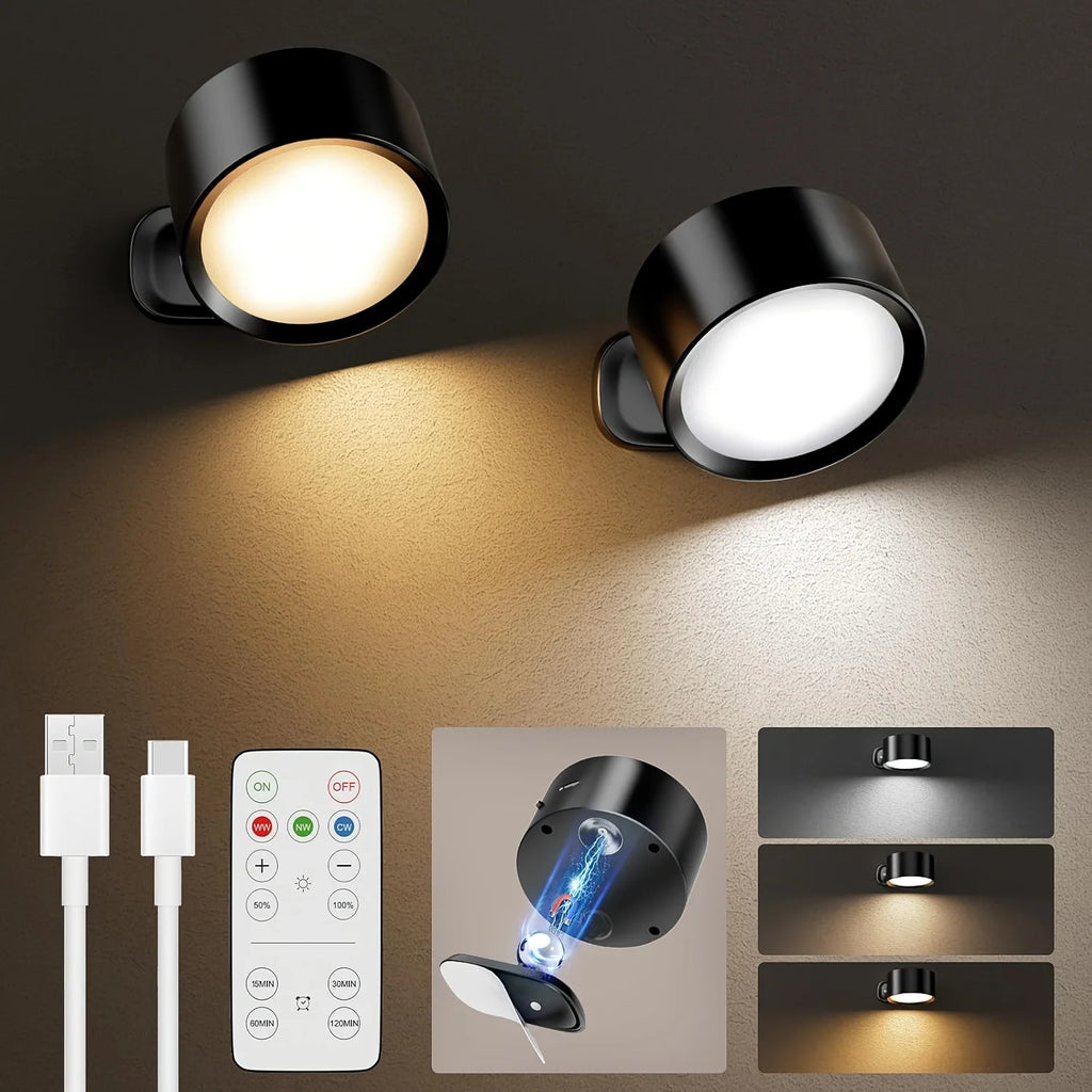 2PCS Magnetic LED Wall Sconce Light/ USB Rechargeable /Dimmable 3 Color Temperatures/ Warm/ Cool /Daylight Remote & Touch Dual Control 360° Rotation Wall Mount Lamp for Bedroom/ Study/ Reading/ Living Room/ Hallway/ Closet/