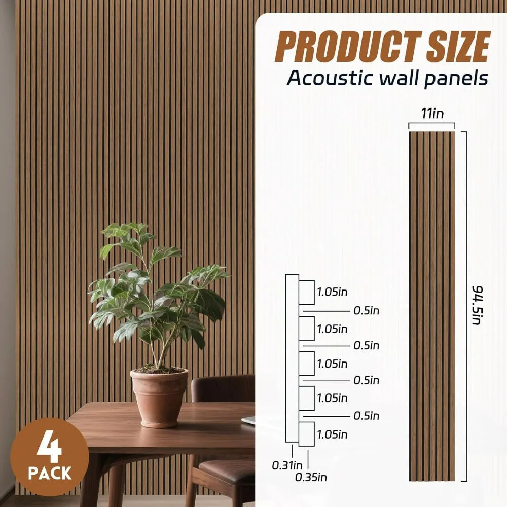 Set of 4 Walnut 94.5 x 11 cm Acoustic 3D Wall Panels for Home and Office Decor