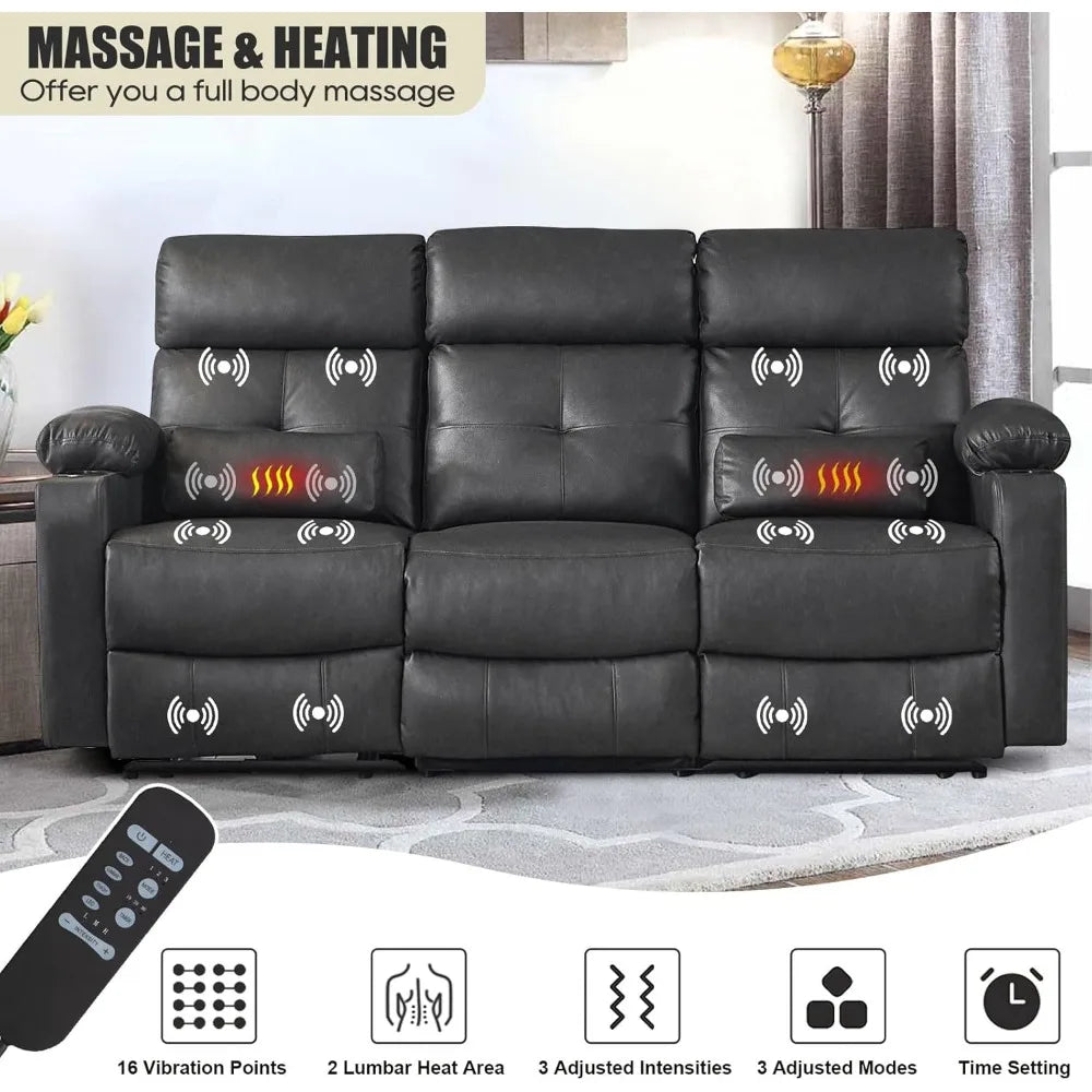 Heated and Massage 3-Seater Power Reclining Sofa with Extended Footrest and USB Ports