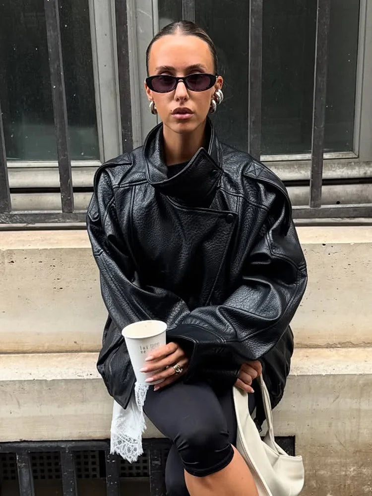 Women Autumn Fashion Jackets/ Asymmetric Button Pocket/ Long Sleeves/ Black Loose Zipper Jackets Female High Street Coats