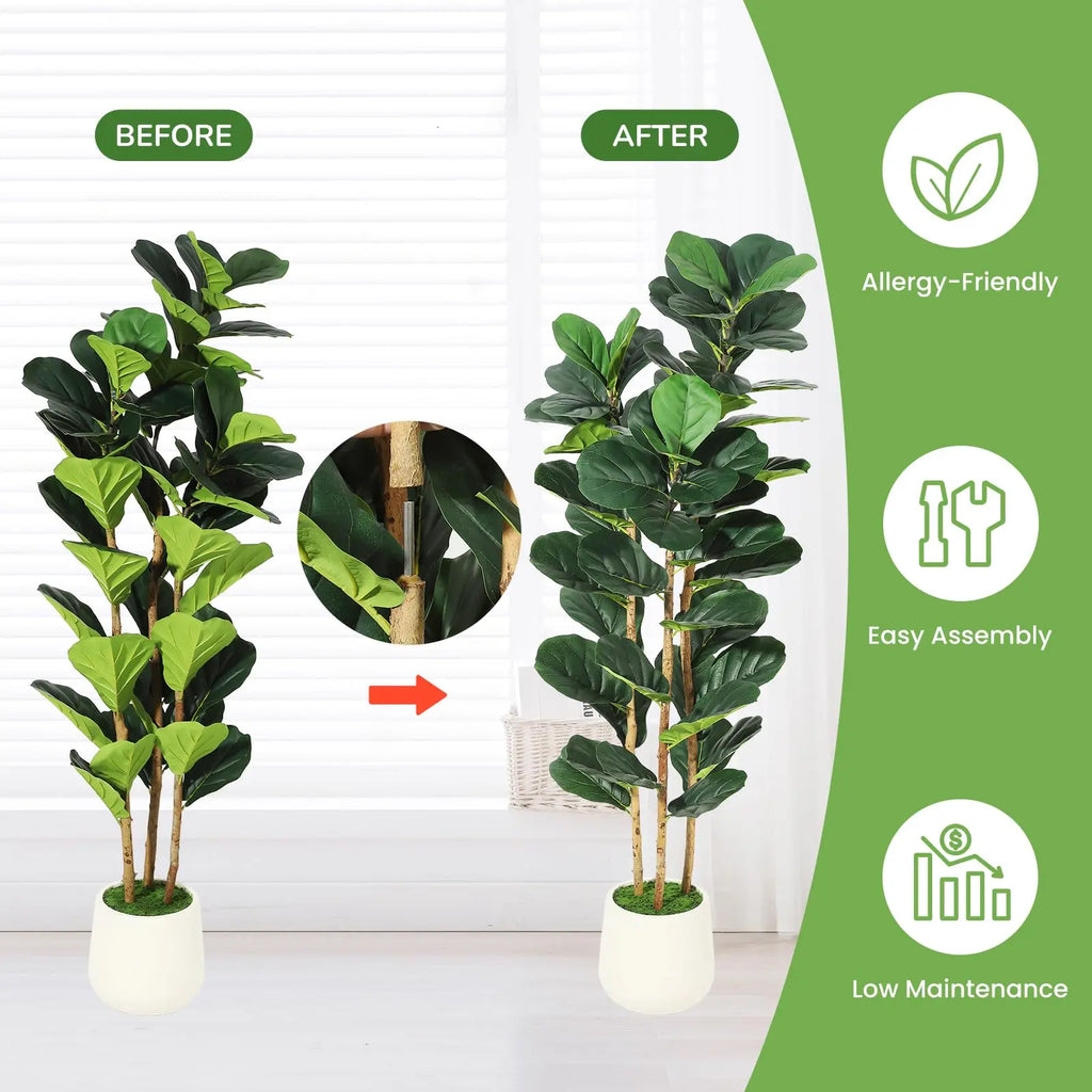 Artificial Fiddle Leaf Fig Tree with White Planter, 5/6/7 ft Tall Fake Plant with Natural Wood Trunk, Faux Ficus Tree Potted Moss for Home /Office/ Living Room Decor