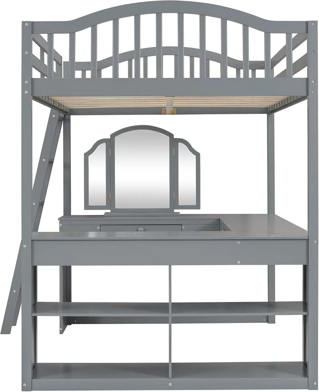Full Size Loft Bed with U-Shaped Desk, Storage Shelves, Tri-Fold Mirror for Kids Teens (Gray)