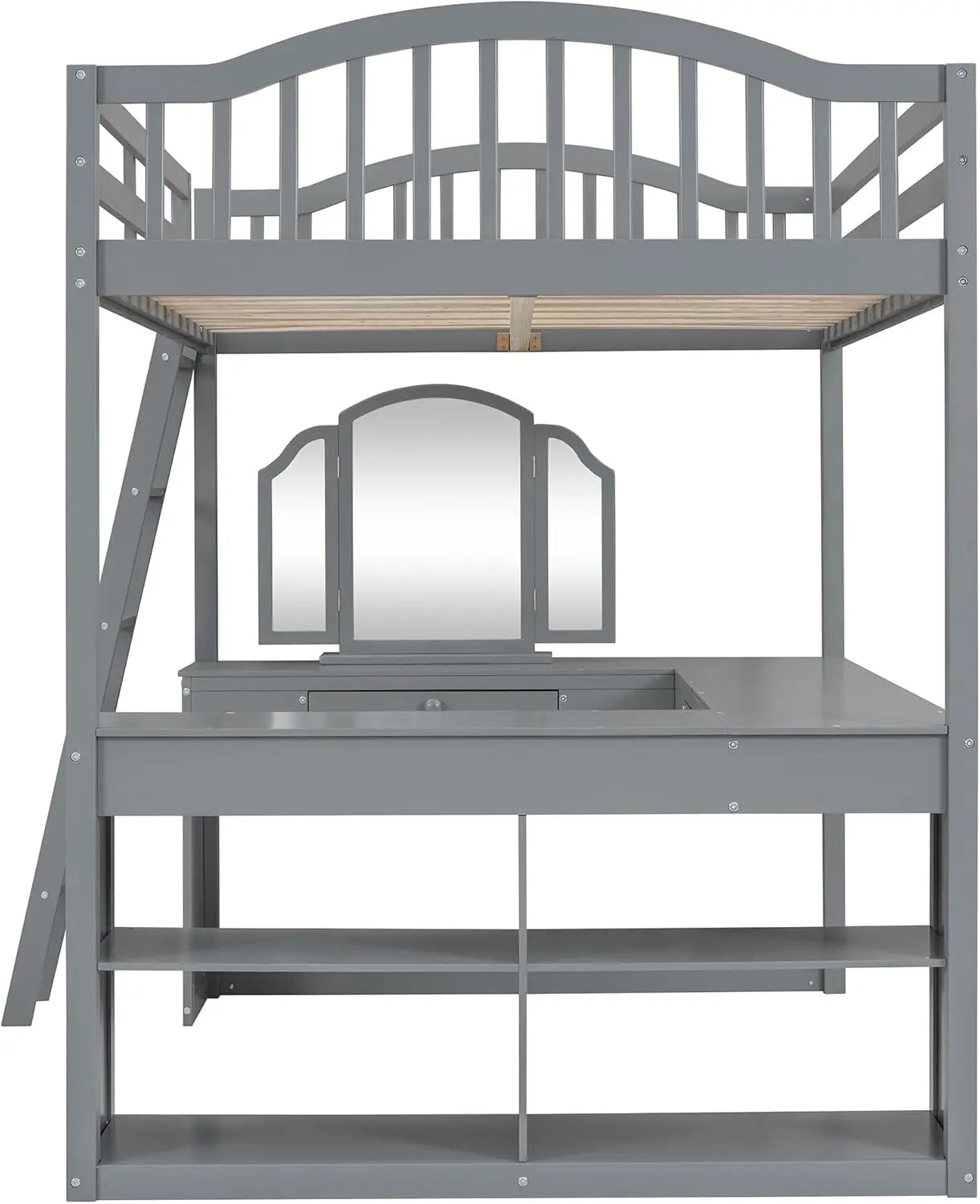 Full Size Loft Bed with U-Shaped Desk, Storage Shelves, Tri-Fold Mirror for Kids Teens (Gray)
