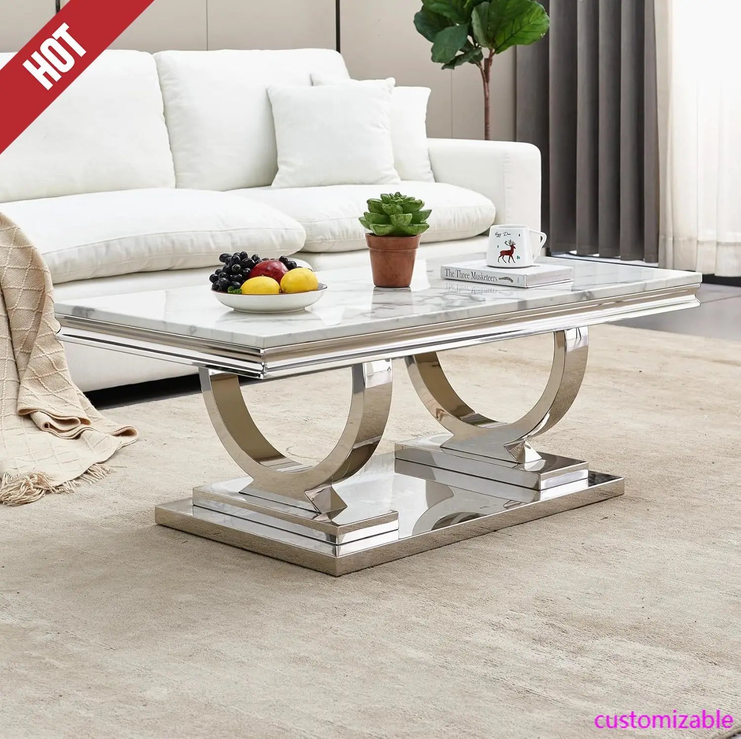 NEW 47" Coffee Table with White Marble Top, Modern Rectangular Faux Marble Coffee Table