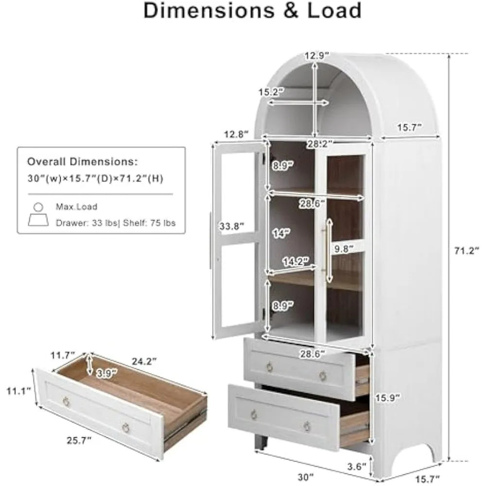 71" Tall Arched Farmhouse Style Cabinet with Glass Doors and Two Large Drawers - Adjustable Shelves for Modern Kitchen