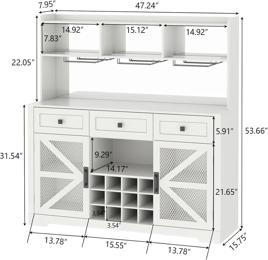 Farmhouse Wine Bar Cabinet with LED Lights, Kitchen Coffee Bar Cabinet with Acrylic Mirror, Wine & Glass Rack, Storage Shelves