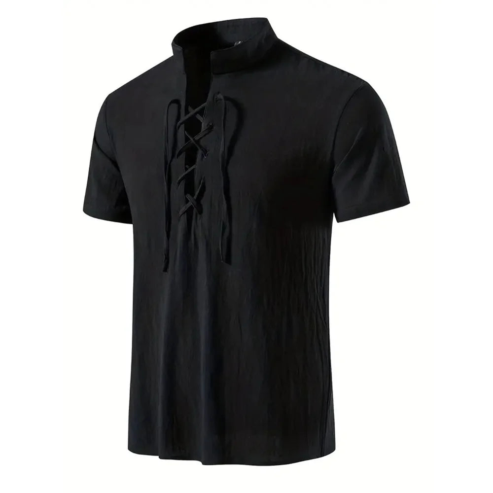 Men's Retro Shirt Short Sleeve Cotton Linen Lightweight Breathable Solid Color Fashion Tops Pirate V-neck Male Stylish Shirt