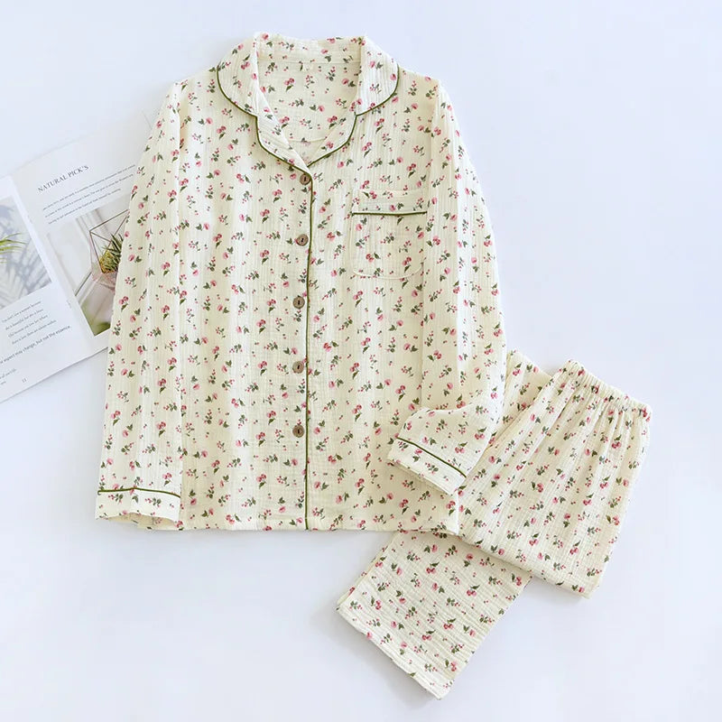 Spring and Autumn Women's Pajama Set 100%/ Cotton Crepe Long Sleeved Pants/ Two Piece/ Cute and Sweet Set Ladies