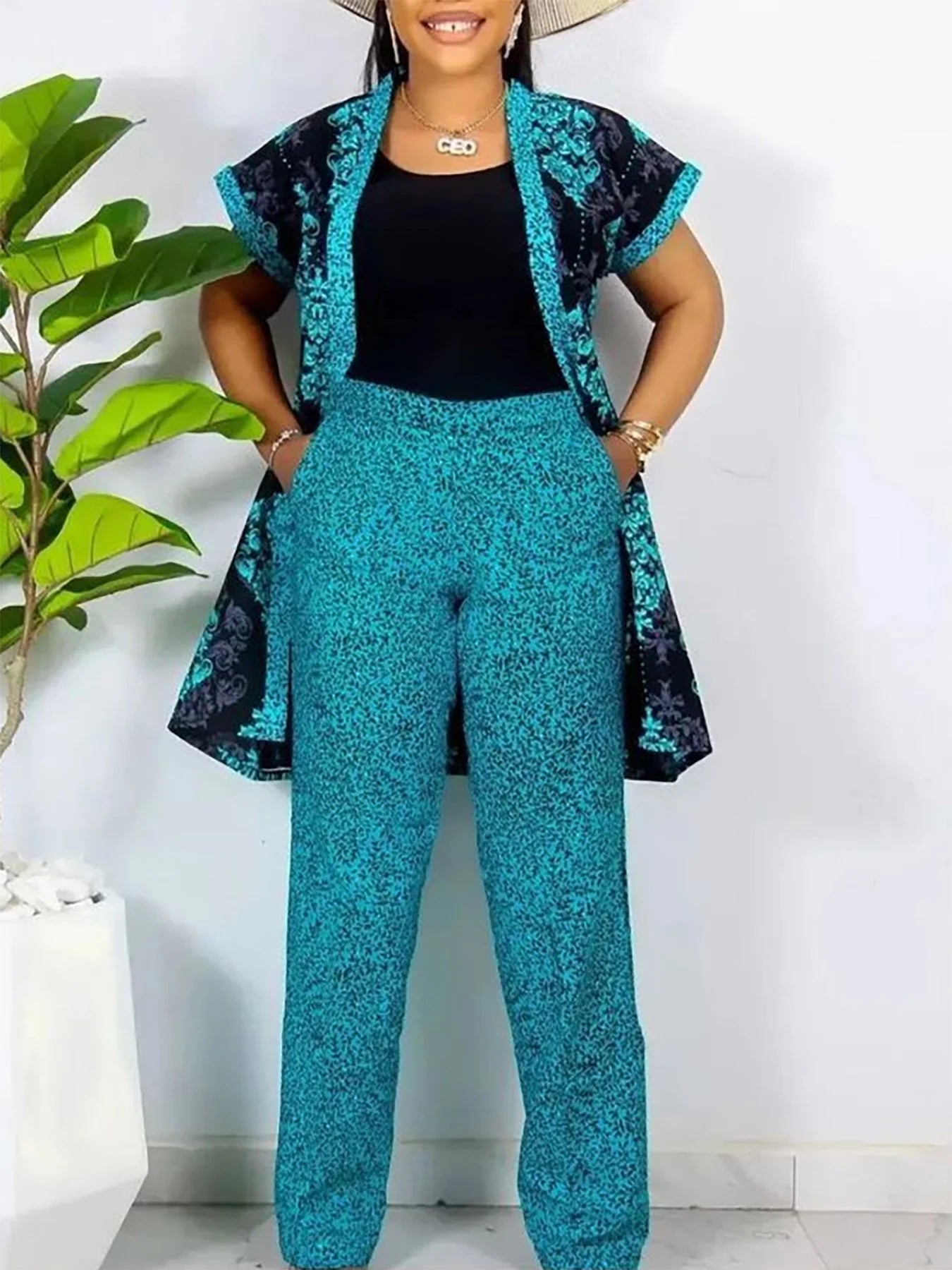 Plus - Size Casual Gem! Blue - Black Printed Set, Combines Comfort and Style