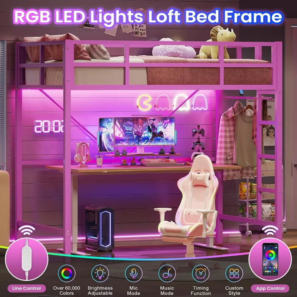 Twin Size Pink Loft Bed with LED Lights, Full-Length Guardrail, and Clothes Rack - Heavy Duty Metal Frame