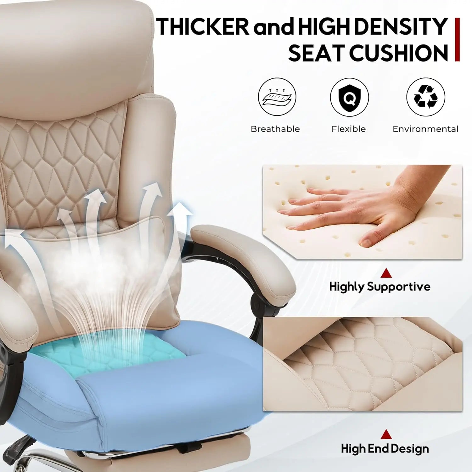 400lbs Reclining Office Chair with Footrest, Ergonomic Big and Tall Desk Chair for Heavy People (Khaki)