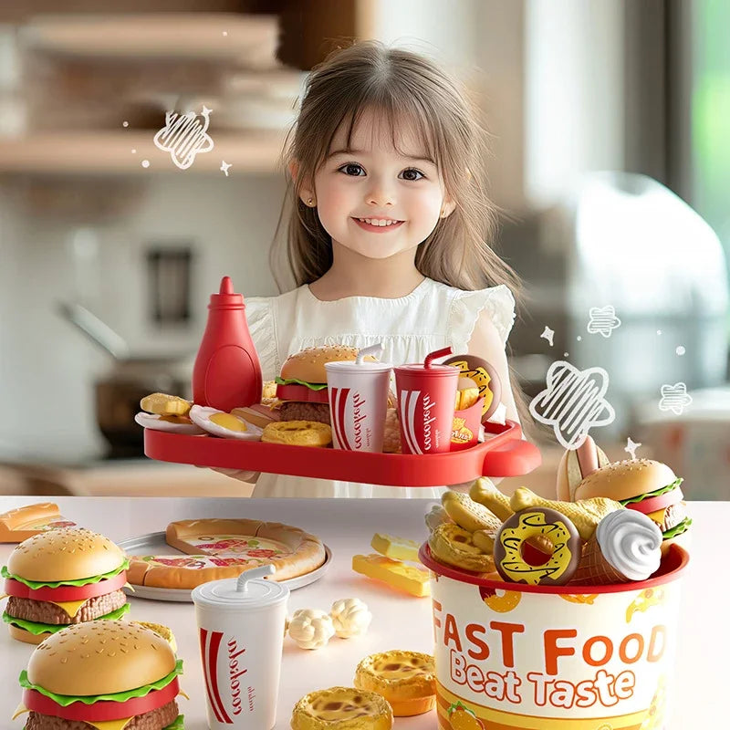 Kid Kitchen Toy Set /Simulation/ Make Hamburgers, Pizza, Fries, Pretend Play Food Cooking/ Cutting Game/ Montessori Interactive Toy Gift