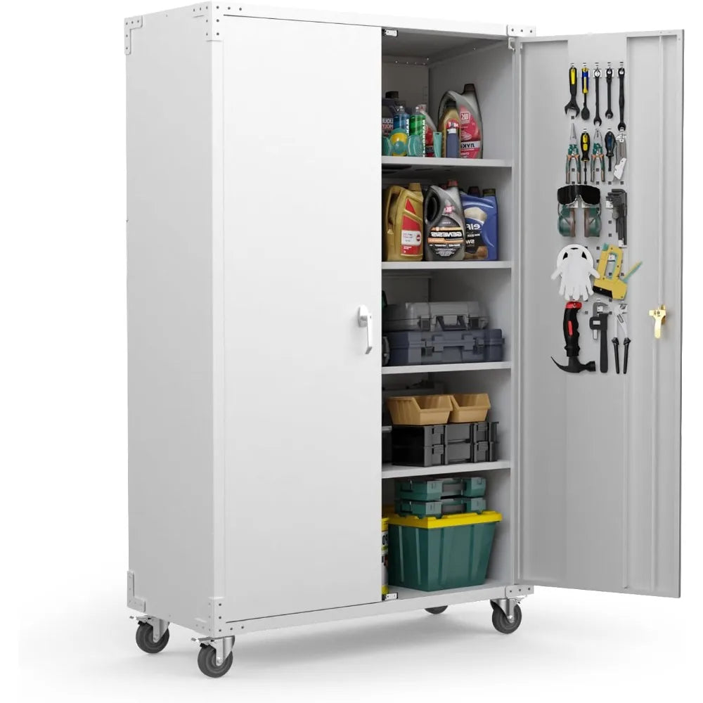 Upgraded Wide & Deep Garage Storage Cabinet, Metal Storage Cabinet with Pegboards, Wheels, Locking Doors and Adjustable Shelves