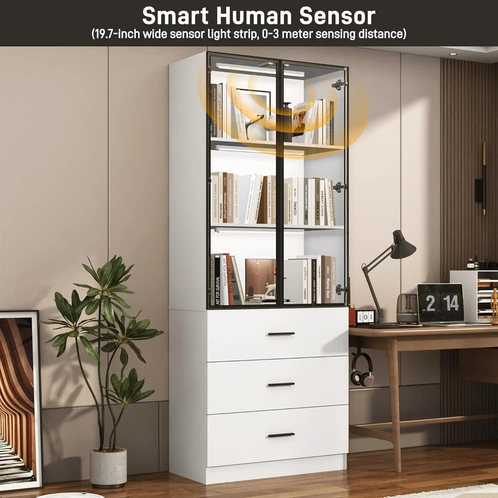 79" Tall Display Cabinet with LED Sensor Light & Pop-up Glass Doors & Drawers, Modern Bookcase/ Curio Storage Cabinet