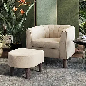 Accent Chair Ottoman Set: Chenille Barrel Chair with Foot Rest, Mid-Century Modern Small Reading Chair/ Upholstered Armchair