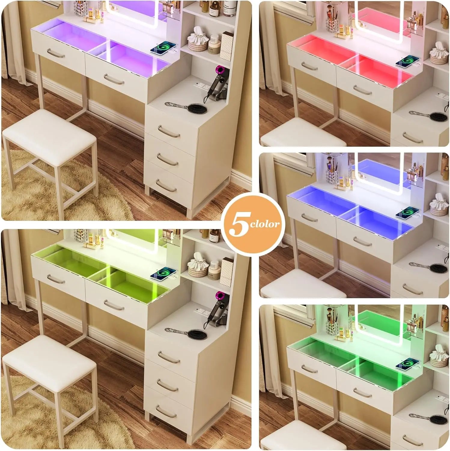 Vanity Desk with Mirror and LED Lights, 43" Makeup Vanity with Glass Top & Wireless Charging, Vanity with RGB Drawers