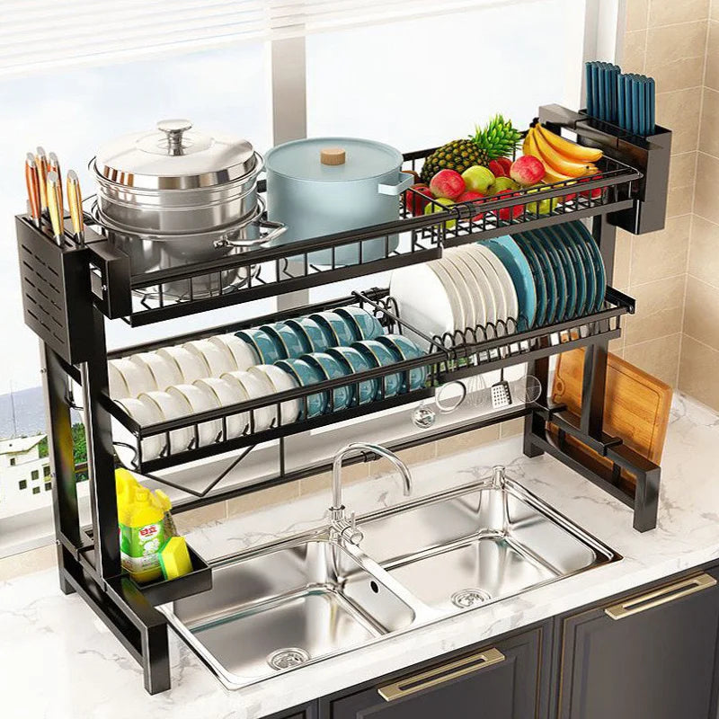 Kitchen Storage Shelf Above The Sink, Stretchable Bowl Draining Rack, Multifunctional Dish, Knife, Spoon, Sink Rack Set Organizer