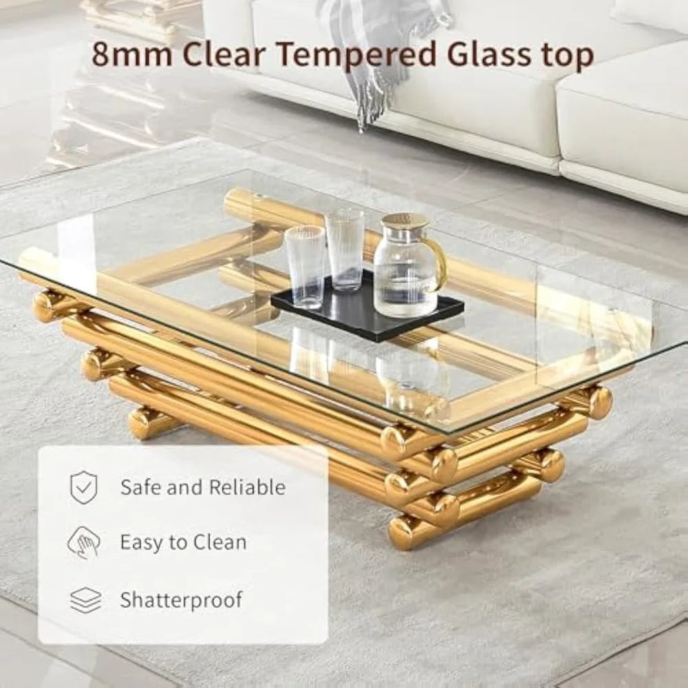 55" Glass Coffee Table, Modern Gold Coffee Table for Living Room, Rectangular Tempered Glass Top with Stainless Steel Legs
