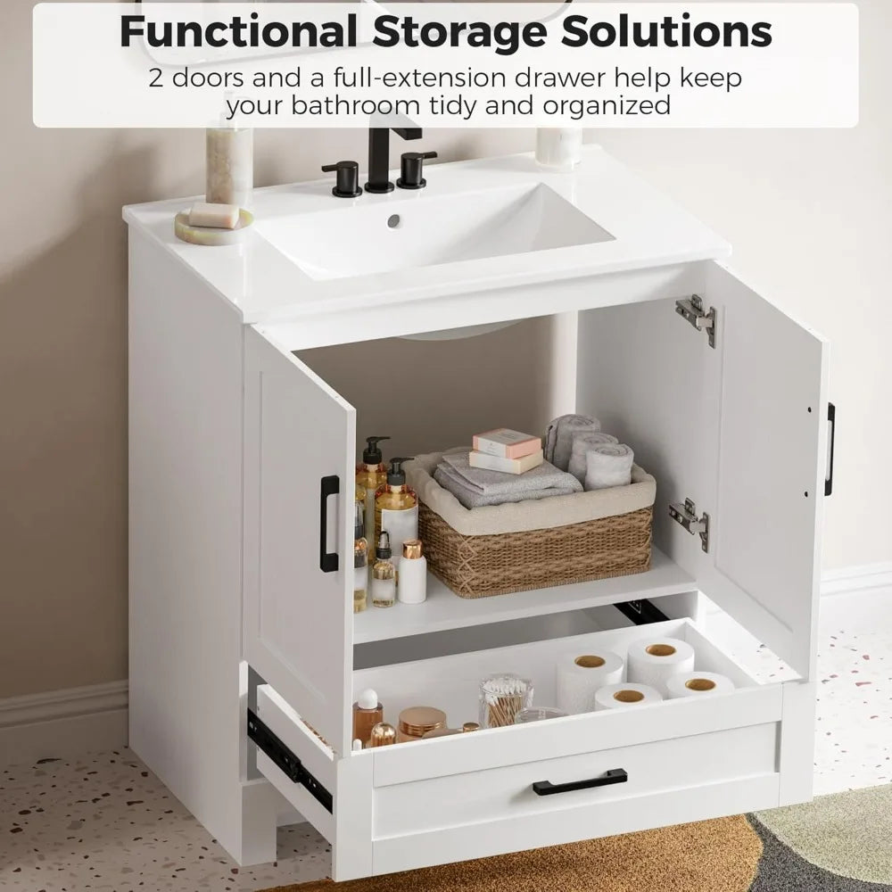 Modern Freestanding 30 Bathroom Vanity with Soft-Close Cabinet and Sink, Featuring Ample Storage and Sleek Design