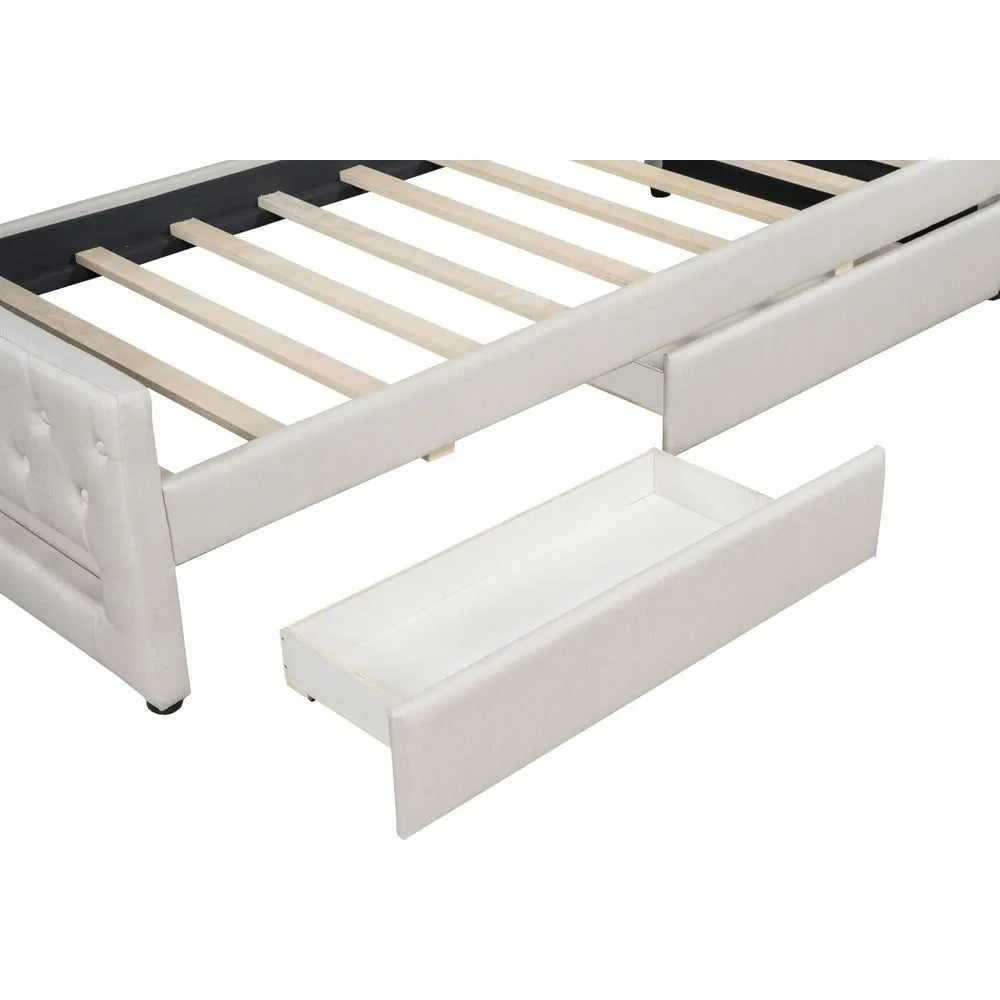 Linen-Covered Twin XL Daybed with Storage Drawers, LED Lighting, and Solid Wood Slat Support for Guest Rooms