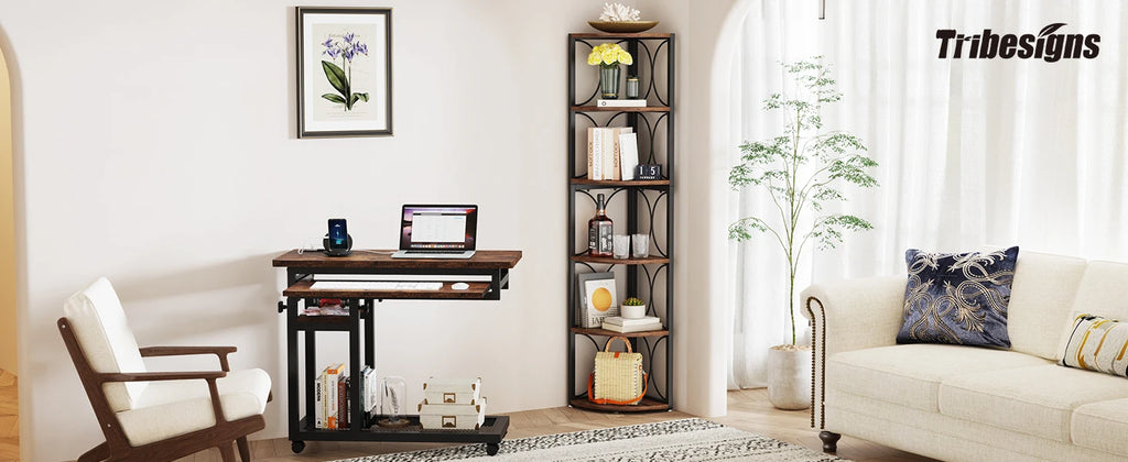 67 inch Tall Corner Shelf, 6 Tier Rustic Corner Bookshelf Bookcase, Storage Rack Standing Shelving Unit