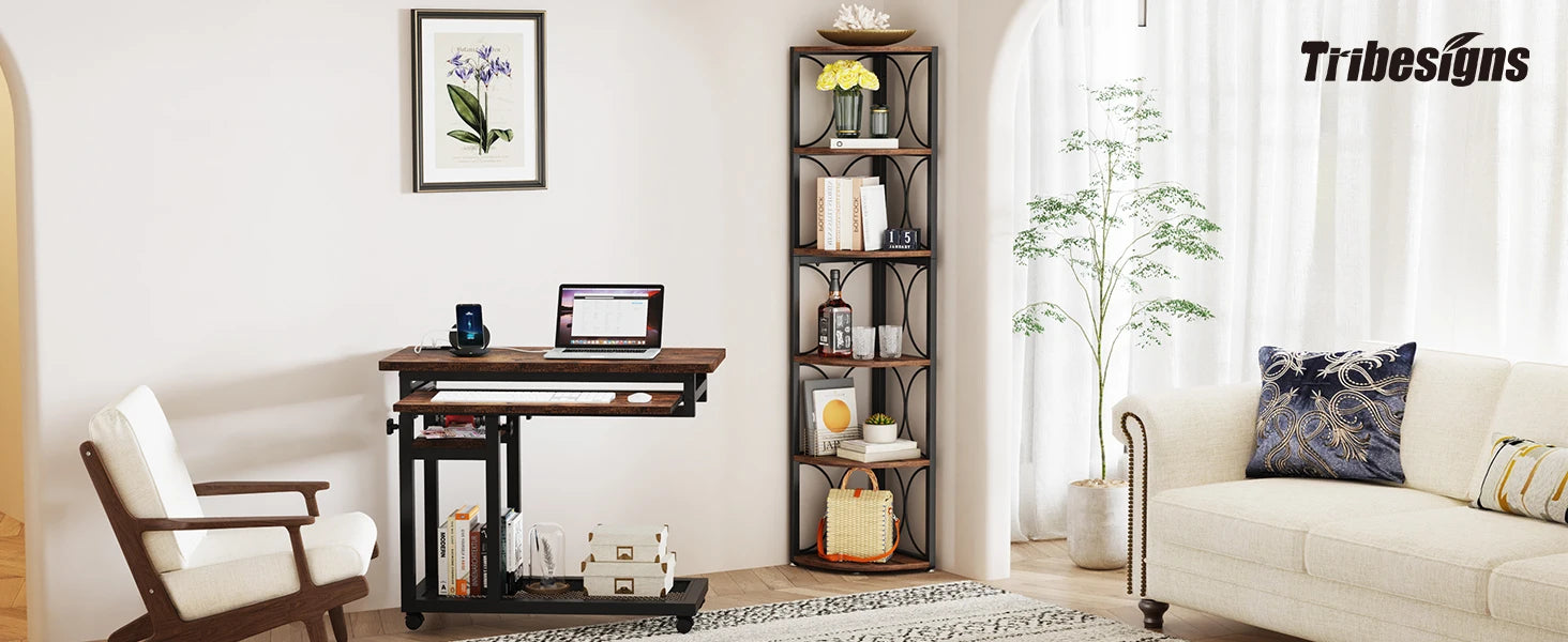 67 inch Tall Corner Shelf, 6 Tier Rustic Corner Bookshelf Bookcase, Storage Rack Standing Shelving Unit