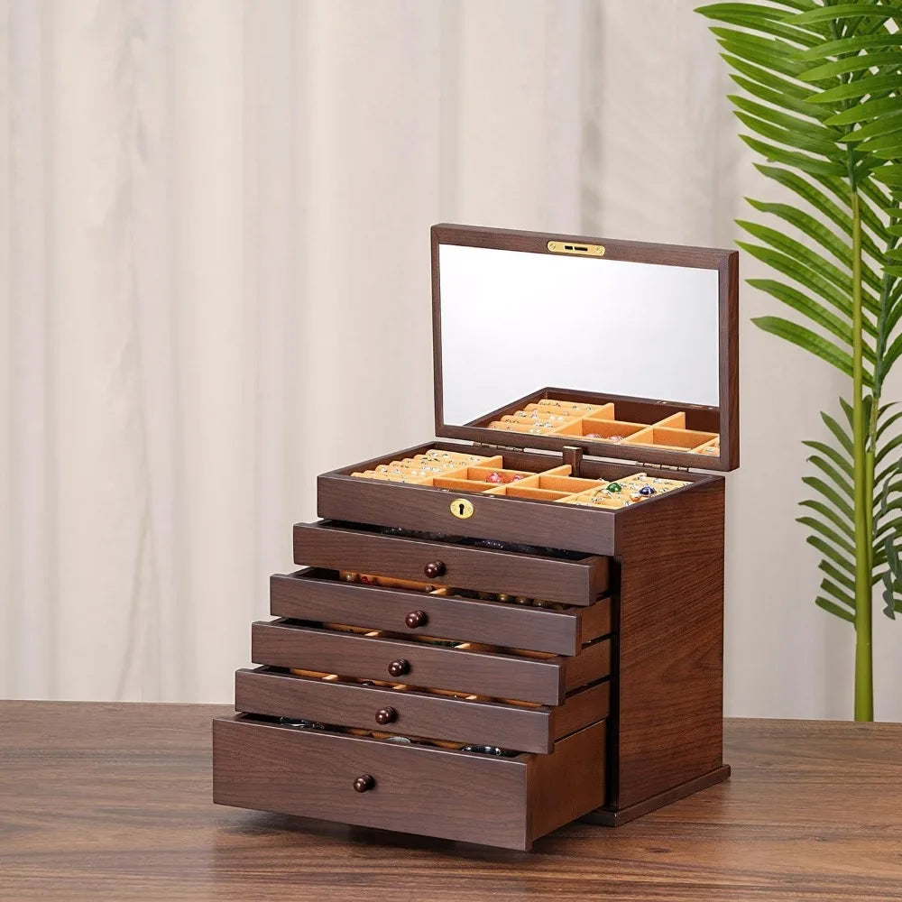 Large Vintage Wooden 5-Drawer Jewelry Organizer Box with Lock for Necklaces, Rings, and Earrings