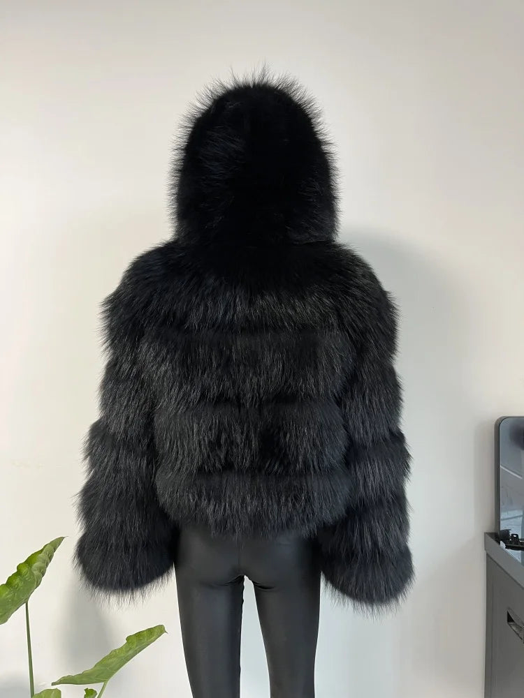 BEIZIRU Women's Real Raccoon Fur Coat Winter Long Sleeve Hooded Jacket with Turndown Collar/ Natural Luxury /Thick Top