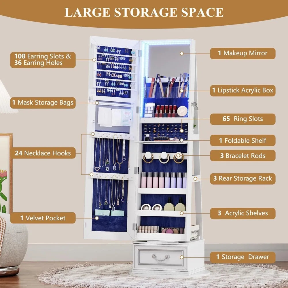 Mirror Jewelry Cabinet Standing, 360° Swivel Jewelry Armoire with Full Length Mirror, Lockable Mirror with Jewelry Storage