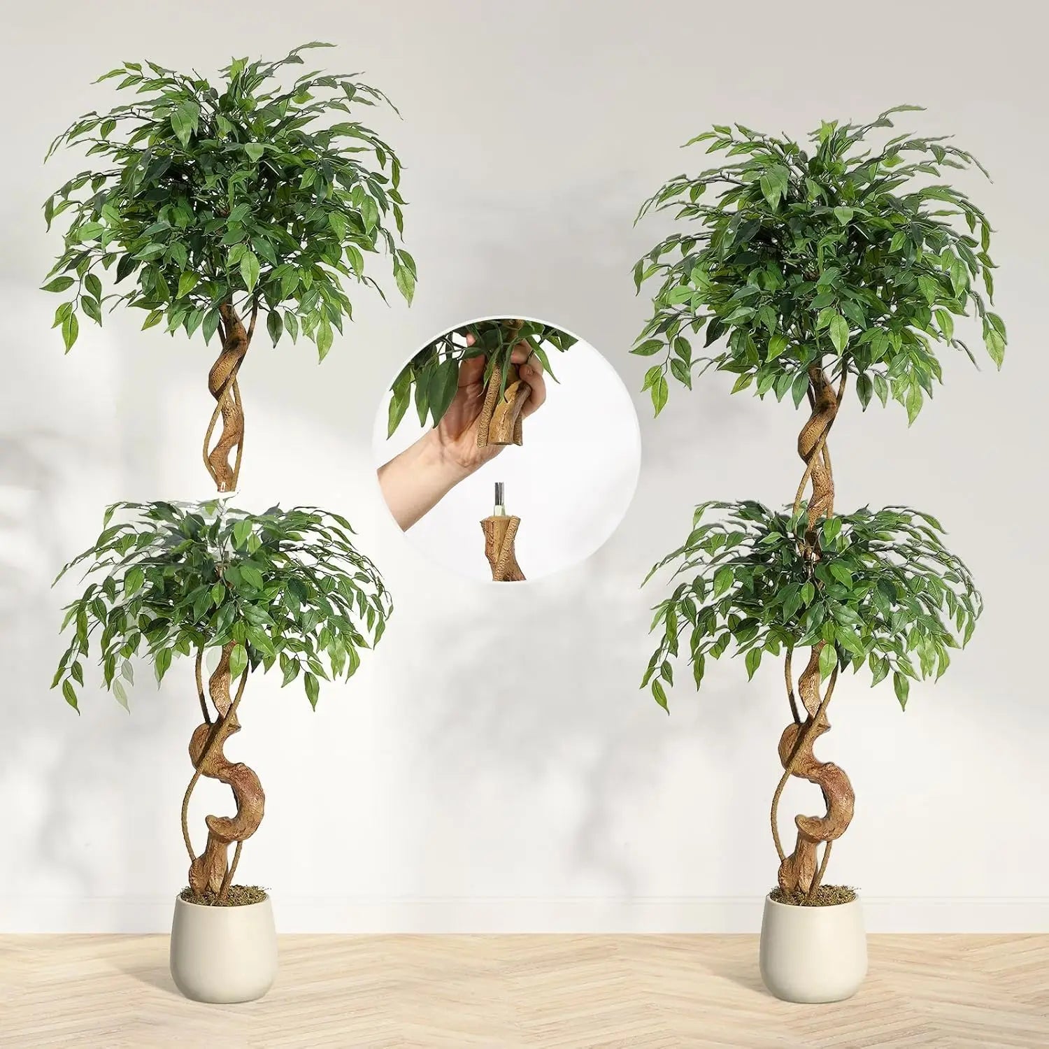 Artificial Ficus Tree 120/150/180cm with White Planter, Large Faux Weeping Fig with Curved Trunk and 1860 Silk Leaves, Lifelike Indoor Plant for Living Room/ Bedroom/ Office Decor, No Maintenance