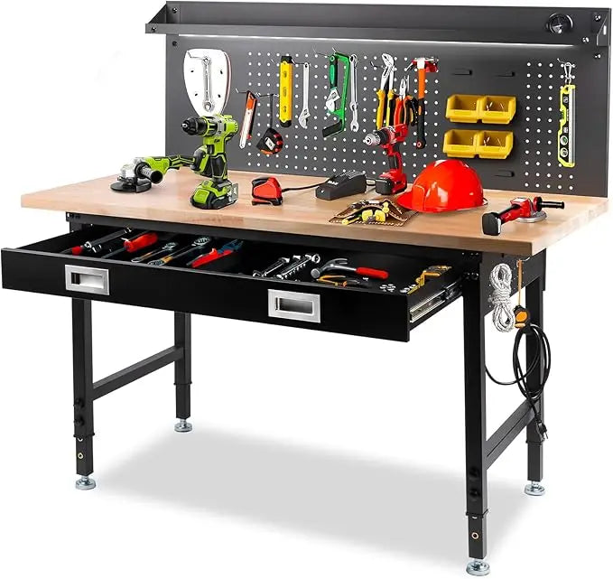 60" Garage Workbench with Storage Drawers, Adjustable Table, Large Pegboard, and Strip Lighting, Supporting 2000 LBS