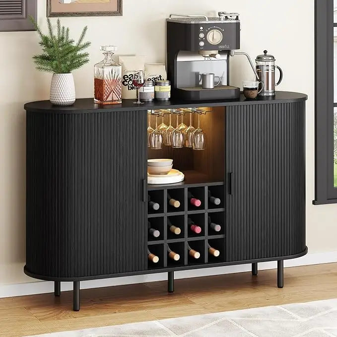 Modern Farmhouse-Style Wine/ Bar Cabinet with LED Lighting, Liquor/Whiskey Storage, and Glass Holder
