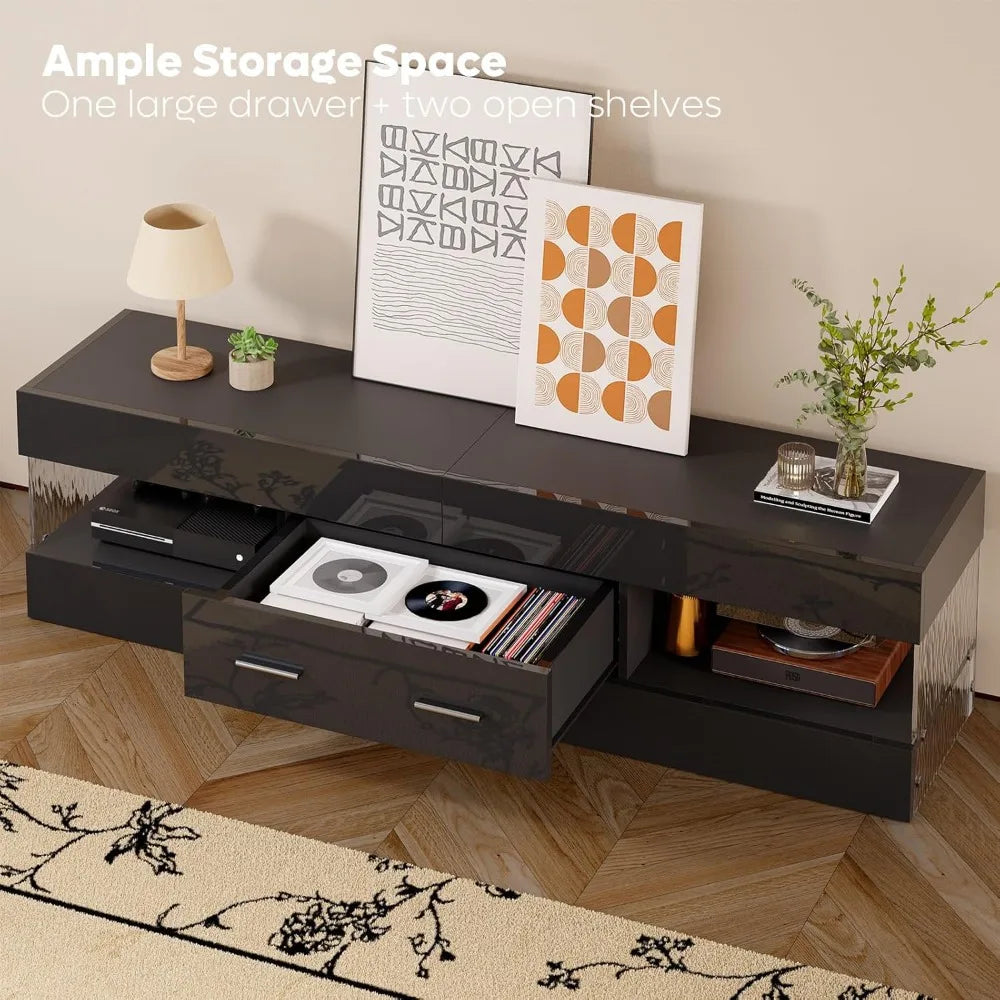 TV Stand for 55/60/65" TV, High Gloss Modern TV Stand with Stone-Patterned Side Panels, LED Entertainment Center