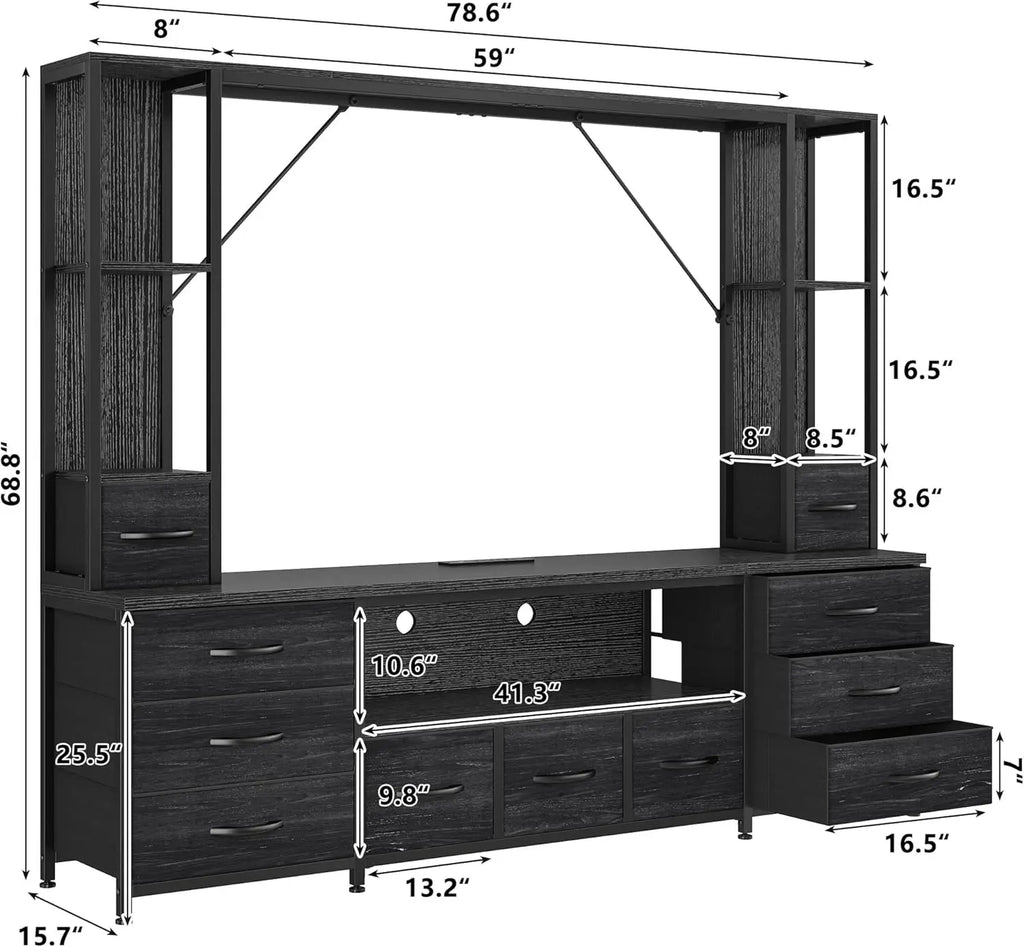 65" TV Stand for Living Room, Large Wall Unit Entertainment Center with 11 Fabric Drawers ,Dresser with 2 LED Lights