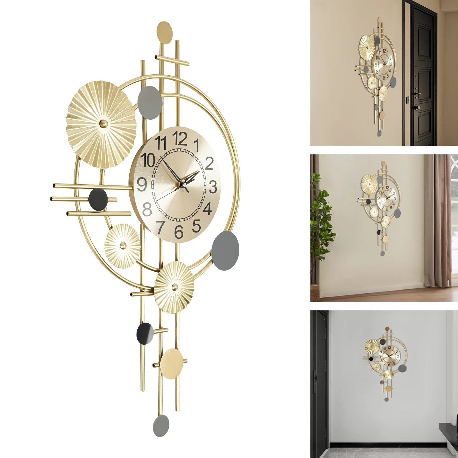 45x78cm Decorative Art Wall Clock Silent Non Ticking for Living Room Bedroom Kitchen Office Indoor Decor Modern Gold