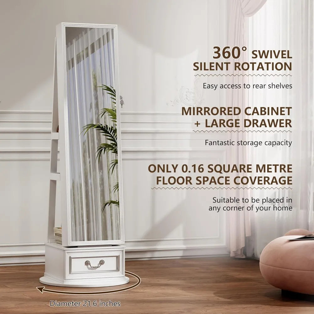 Mirror Jewelry Cabinet Standing, 360° Swivel Jewelry Armoire with Full Length Mirror, Lockable Mirror with Jewelry Storage