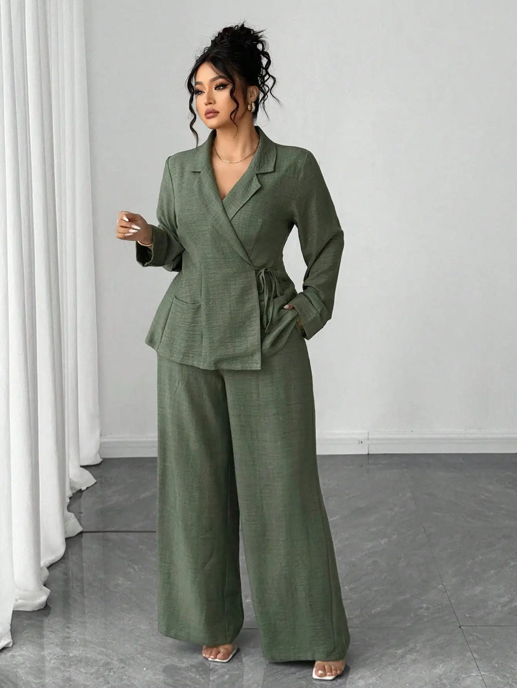 Olive Green Linen Two-Piece Suit for Women - Wrap Blazer with Tie Waist & Wide Leg Pants, Plus Size Office/ Casual Set