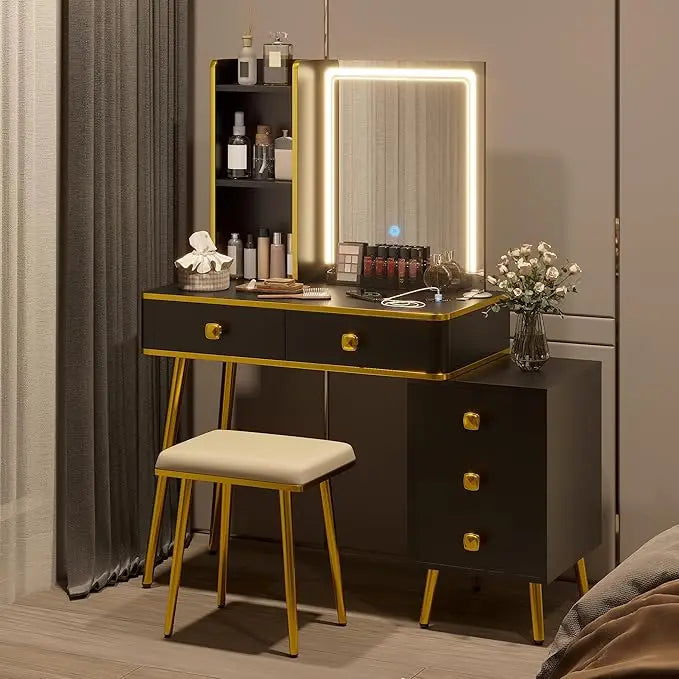 Luminated Makeup Vanity Desk with 3-Color LED Lights, Charging Port, 5 Drawers, and Storage Shelves