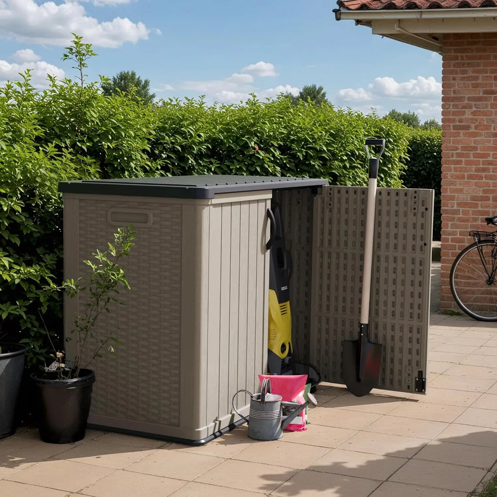 Outdoor Storage Cabinet 26 Cu Ft with Pad-Lockable Doors, Horizontal Storage Shed, Waterproof, Patio, Tools, Storage Box