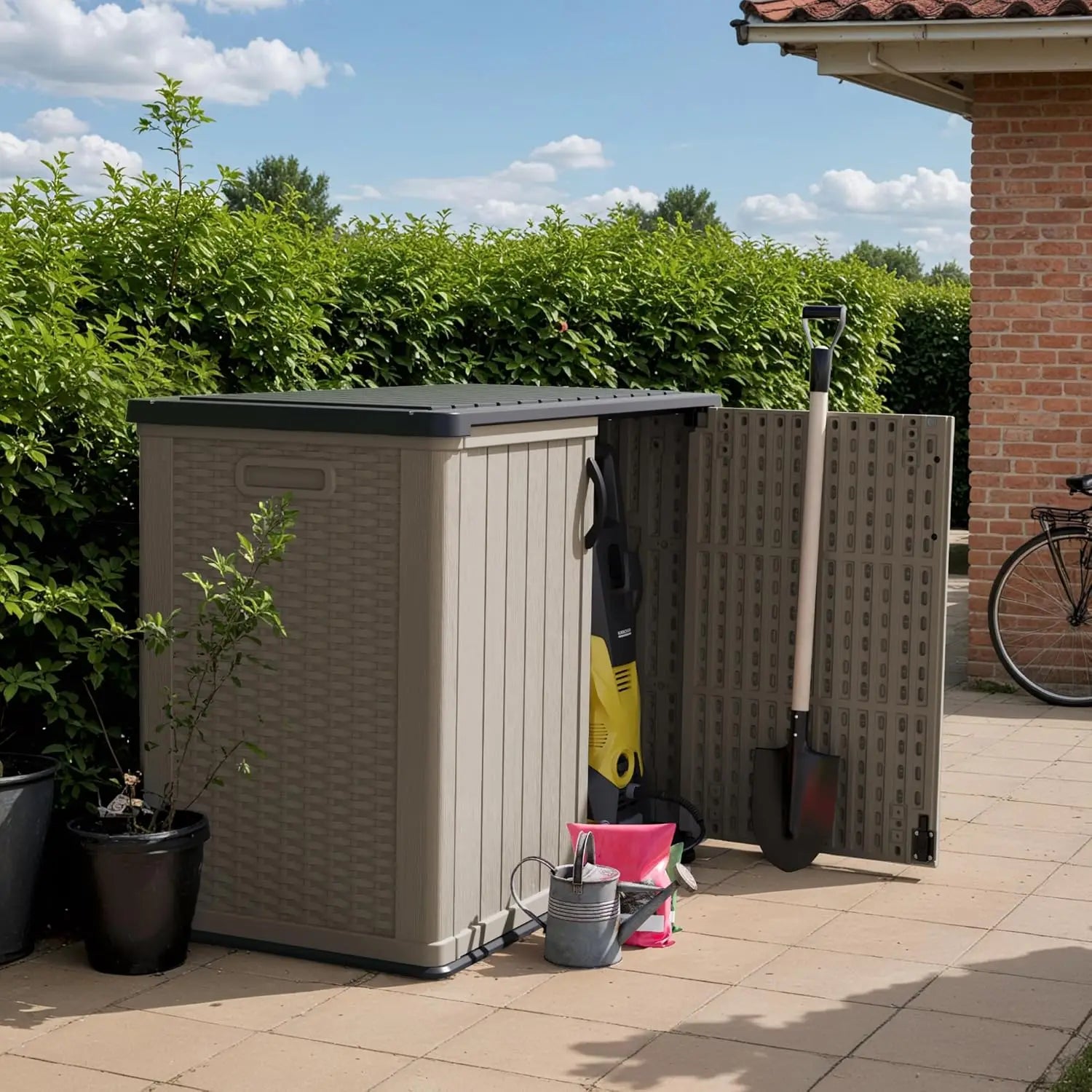 Outdoor Storage Cabinet 26 Cu Ft with Pad-Lockable Doors, Horizontal Storage Shed, Waterproof, Patio, Tools, Storage Box