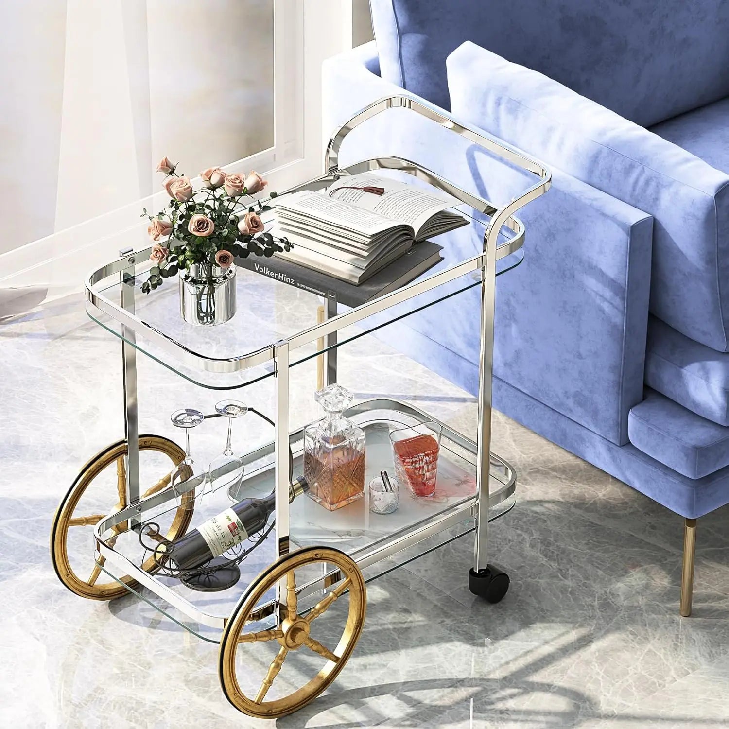 Bar Cart for The Home, 2-Tier Rolling Tempered Glass Serving Cart, 2 Large Gold Aluminum Wheels, Stainless Steel Frame