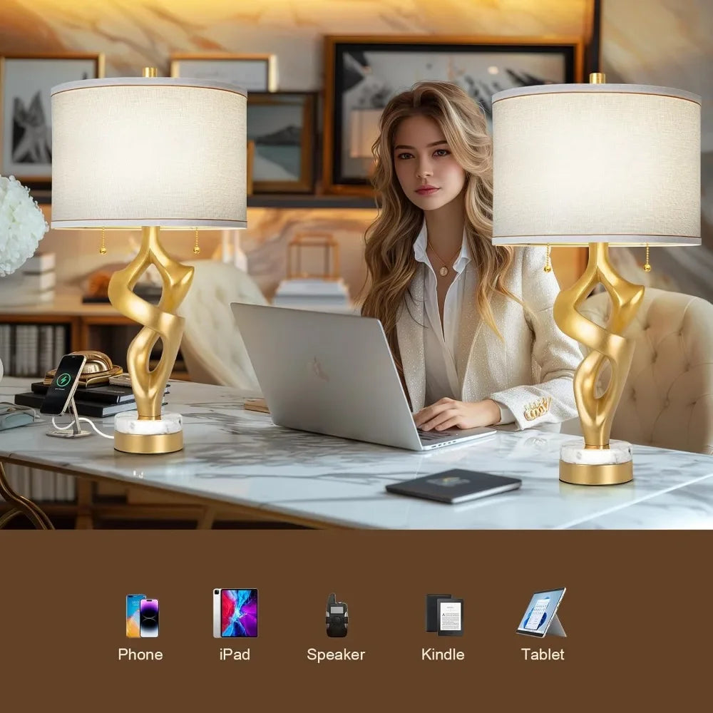 Customizable Scenekoy Sculptural Table Lamp Set of 2 for Living Room with Marble Base & USB Ports, Gold Leaf Finish Rustic