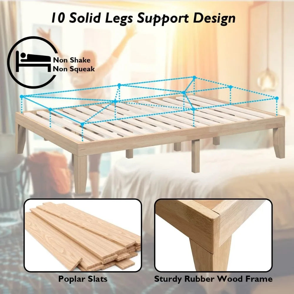 14 Inch Queen Wood Platform Bed Frame, Minimalist Mattress Foundation