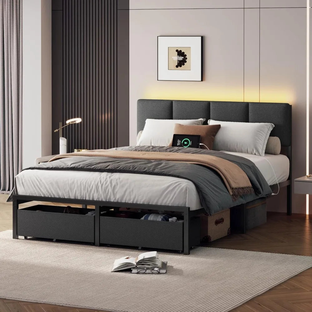 Bed Frame with Headboard, Bed Full with LED Light, USB Charging Station, Platform Bedframe with 2 Fabric Underbed Storage