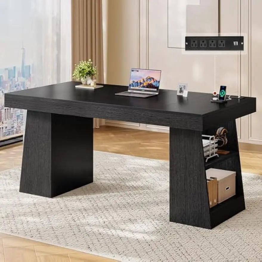 55.9" Executive Desk with Power Outlets, Modern Home Office Desk with Storage Shelves, Black
